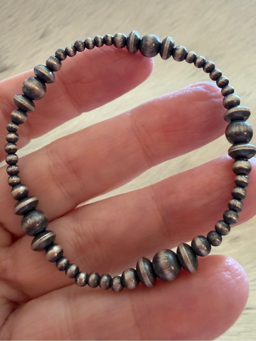 ❤️ 3mm 6mm Oxidized Desert Pearl 6mm Saucer Sterling Sz 6.5+ Stretch Bracelet